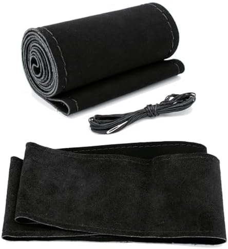 AUTOXBERT 38cm/15 Suede Leather Non-Slip Steering Wheel Cover DIY Hand Sewing Cowhide Leather Skidproof Car Protector with Ne