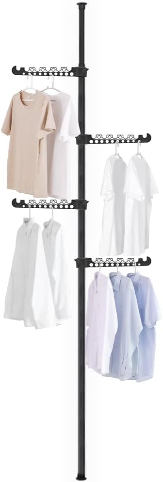 Hershii Telescopic Clothing Rack for Hanging Clothes Laundry Tension Pole 4 Tiers Coat Tree Garment Drying Stand Floor to Cei