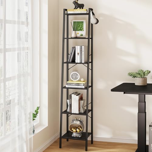 Hzuaneri Ladder Shelf, Bookshelf Bookcase, Freestanding Corner Storage Shelve with 2 Hooks for Home Office, Living Room, Kitc