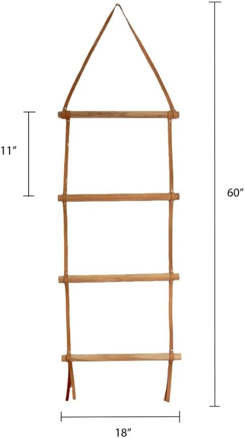 Decorative Wooden Wall Hanging Ladder with Leather Straps – Rustic Towel and Blanket Rack for Bathroom, Living Room, or Entry