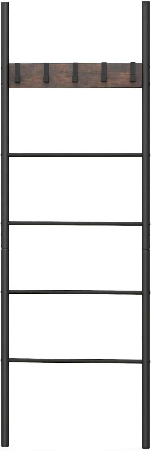 S AFSTAR Wall Leaning Blanket Ladder, 5-Tier Ladder Shelf with 5 Removable Hooks, Industrial Blanket Holder Rack, Drying and 