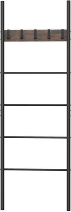 S AFSTAR Wall Leaning Blanket Ladder, 5-Tier Ladder Shelf with 5 Removable Hooks, Industrial Blanket Holder Rack, Drying and 