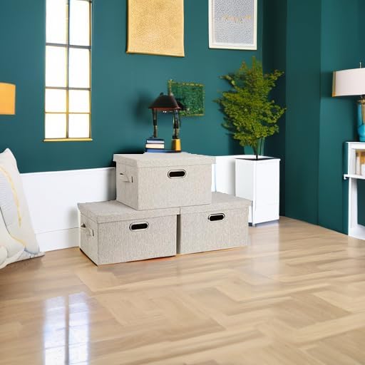 Graciadeco Medium 15" 21 Quart Collapsible Stackable Storage Bins with Lids, 3 Packs Beige Foldable Fabric Closet Boxes Heavy