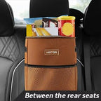 HOTOR Brown Car Trash Can with Adjustable Strap, Magnetic Snaps, Waterproof Lining, and Storage Pocket