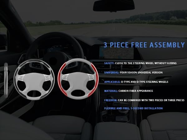 Steering Wheel Covers, 3PCs Carbon Fiber Anti-Skid Clip on Car Steering Wheel Cover Protector Universal for Most Car Wheel, B