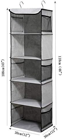 BrilliantJo 5 Shelves Hanging Closet Organizer, 2 Pack Hanging Storage with 6 Side Pockets for Clothes Bags, 43"x12"x12"(Gray