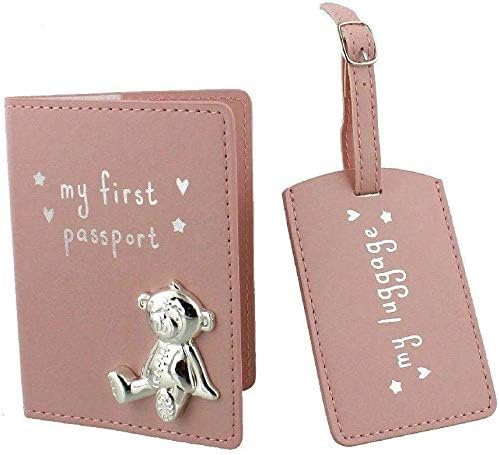 My First Passport & Luggage Tag Set with metal teddy icon Pink