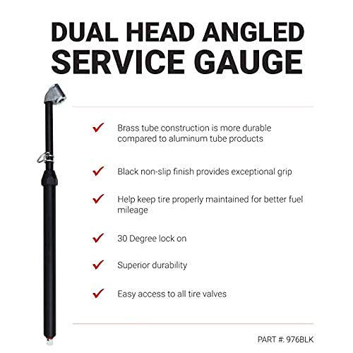 Milton 976BKL Dual Head Angled Chuck Tire Pressure Service Gauge, Non-Slip Grip Matte Black Poly Finish -13” 1-160 PSI For Large Vehicle Tires