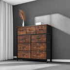 DUMOS Dresser for Bedroom, Storage Organizer with 9 Drawers, Chest of Drawers with Fabric Bins, Sturdy Metal Frame, Wood Tabl