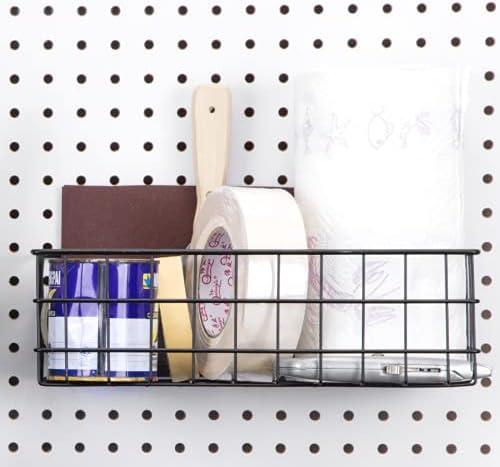 Pegboard Basket Size L, Black - Hooks to Any Peg Board - Square Style Wire Shelf Baskets - Organize Tools, Workbench, Accesso