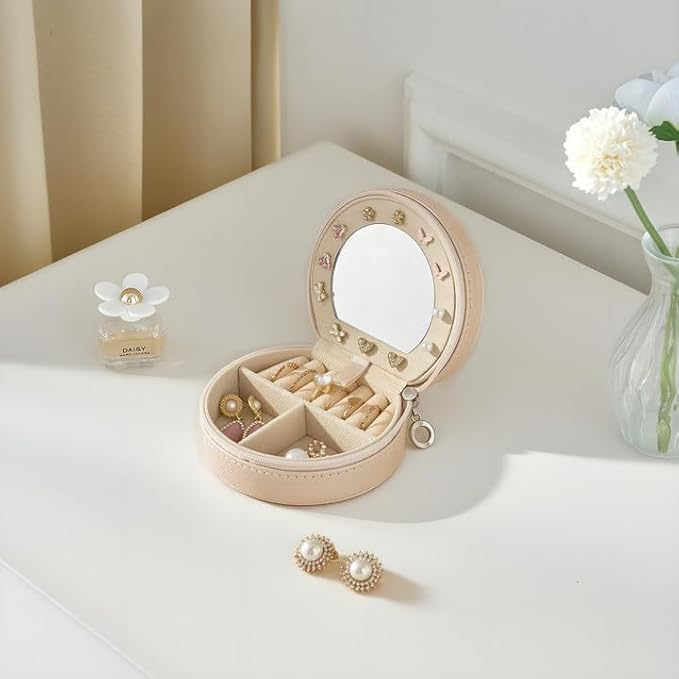 ProCase Travel Size Jewelry Box, Mini Portable Seashell-Shaped Jewelry Case with Mirror, 2 Layer Organizer in PU Leather for 