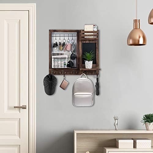 Key Holder for Wall, Mail Organizer Wall Mount with 5 Hooks and Shelf, Home Decorative with 5 Double Hooks and Chalkboard for