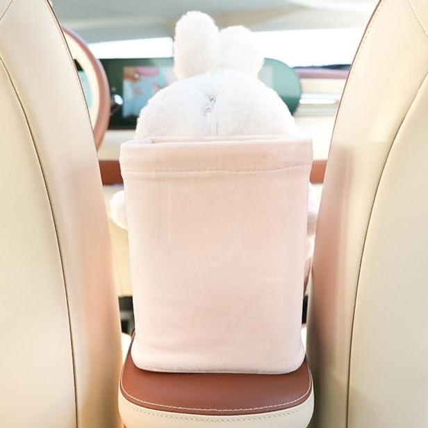 2-in-1 Car Tissue Holder & Trash Bin Organizer Cute Plush Bear/Rabbit/Capybara for Armrest Easy to Install Soft & Adorable (Rabbit)