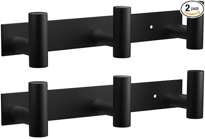 VAEHOLD Black Hat and Coat Wall Mount Rack - 3 Hooks for Robes, Bags, Keys, and Towels - Bathroom Towel Hanger Organizer (2 P