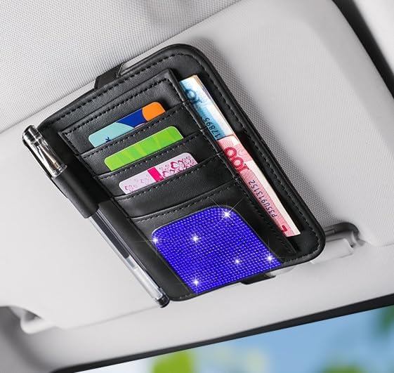 Bling Car Sun Visor Organizer, Rhinestone Multi-Pocket Truck Visor Organizer Pouch with Visor Pen Holder,Glasses Holder,Universal Sunvisor Organizers for Most Cars SUVs -Deep Blue