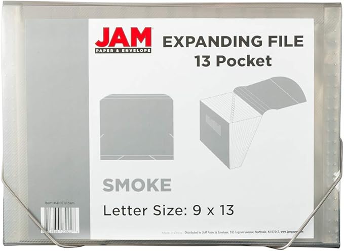 JAM PAPER Accordion Folders - 13 Pocket Plastic Expanding File - Letter Size - 9 x 13 - Smoke Grey - Sold Individually