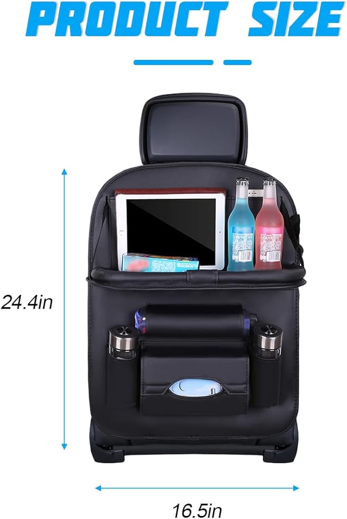Car Seat Back Organizer, Leather Vehicle Seatback Storage Pocket with Foldable Table Tray, Multifunctional Automotive Backsea