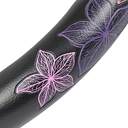 BDK GripGrab Comfort Grip - Purple & Pink Flowers Design on Black Synthetic Leather Steering Wheel Cover 15" - SW-538_AM