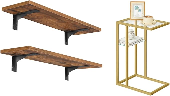 HOOBRO Floating Shelves for Wall and C Shaped End Table, 15.4" Wall Mounted Shelves Set of 2, Small Side Table for Couch, Gol