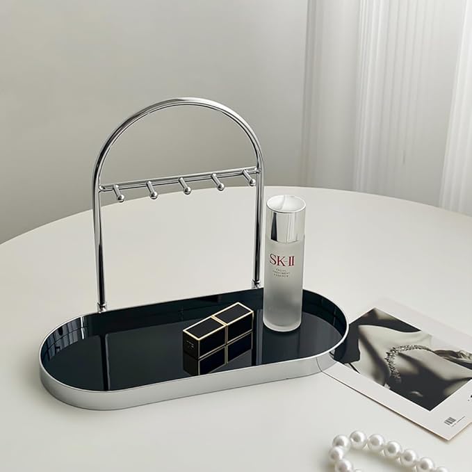 Shinpuru Metal Jewelry Organizer Stand & Key Holder Tray with Acrylic Base, Key Stand and Jewelry Tray with 5 Hooks, Perfect 