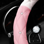 YOGURTCK Cute Diamond Soft Leather Steering Wheel Cover with Bling Bling Crystal Rhinestones, Universal 15 Inch for Women Gir