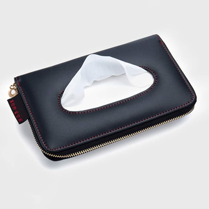Car Tissue Holder, Sun Visor Tissue Holder, Car Visor Napkin Holder, PU Leather Backseat Tissue Case Holder for Car Vehicle with Zipper (Black)