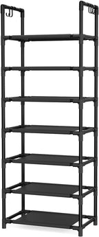 LANTEFUL 7 Tiers Shoe Rack 18-20 Pairs Boots Organizer Storage Sturdy Narrow Shoe Shelf for Entryway, Closets with Hooks, Bla