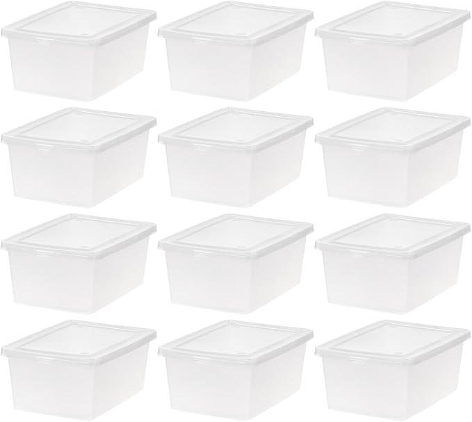 IRIS USA 12-Pack Storage Bins with Lids, 15 Quart, Shoe Boxes Clear Stackable Containers Organize Shoes Closet Shelves, Organ