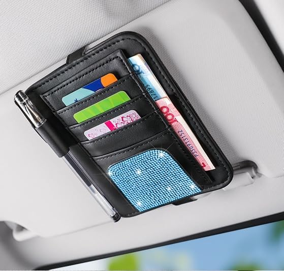 Bling Car Sun Visor Organizer, Rhinestone Multi-Pocket Truck Visor Organizer Pouch with Visor Pen Holder,Glasses Holder,Universal Sunvisor Organizers for Most Cars SUVs -Blue