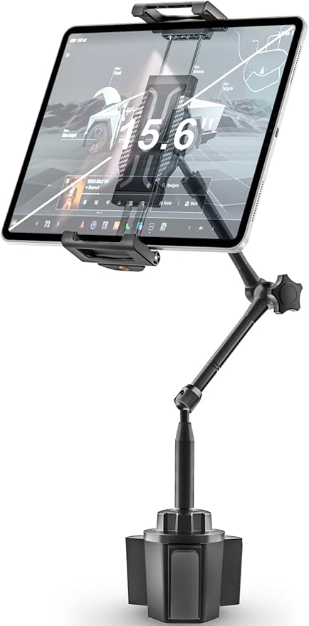 woleyi Tablet Holder for Car Cup Holder, [Full Motion Swivel 19.7" Height] Metal Tablet Car Mount for Truck, for iPad Pro Air Mini, Galaxy Tab, Z Fold, Fire, iPhone, 6-15.6" Devices, Cars Trucks SUVs