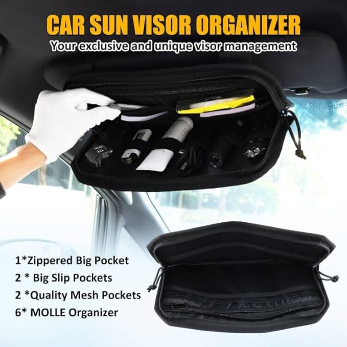 Falafa Car Sun Visor Organizer, Semi-Rigid Molle Panel for Tactical Gears with Zipper Visor Storage Pouch & Glasses Clip, Universal Fit for Trucks, SUVs, Jeeps & Patrol Vehicles