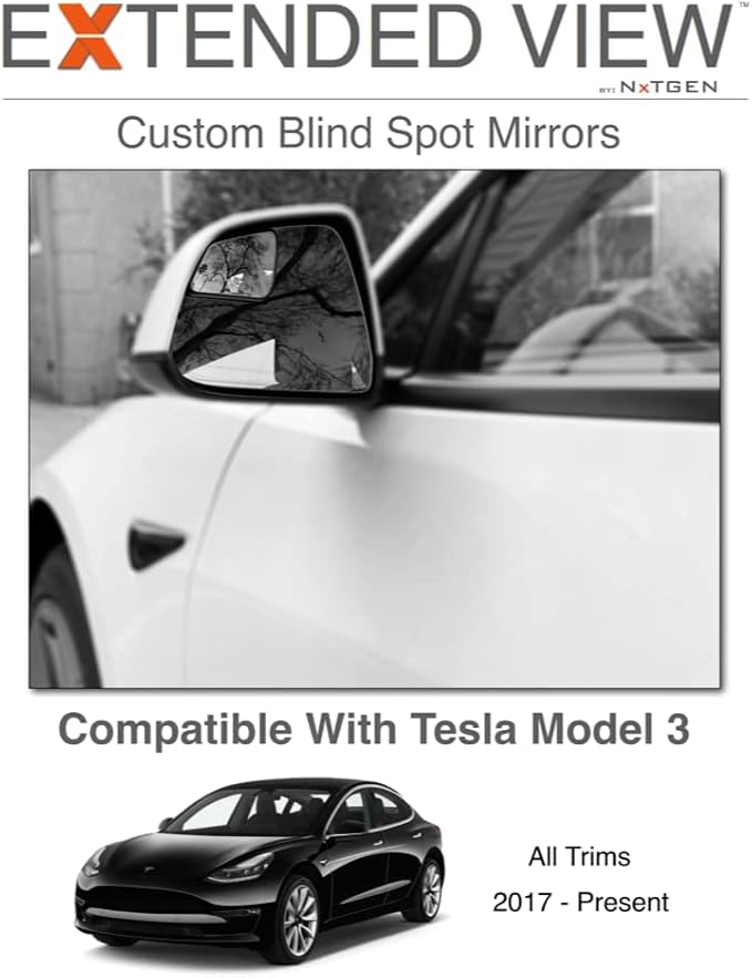 Blind Spot Mirrors - Compatible with Tesla Model 3 - Extended View - Custom Contoured - Convex - Black - Set of 2-2 Piece Set (Left & Right)