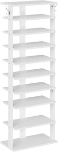 HOOBRO 10 Tiers Vertical Shoe Rack, Wooden Shoe Storage Organizer with Hooks, Narrow Shoe Tower for 20 Pairs, Space Saving, f