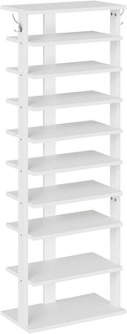 HOOBRO 10 Tiers Vertical Shoe Rack, Wooden Shoe Storage Organizer with Hooks, Narrow Shoe Tower for 20 Pairs, Space Saving, f