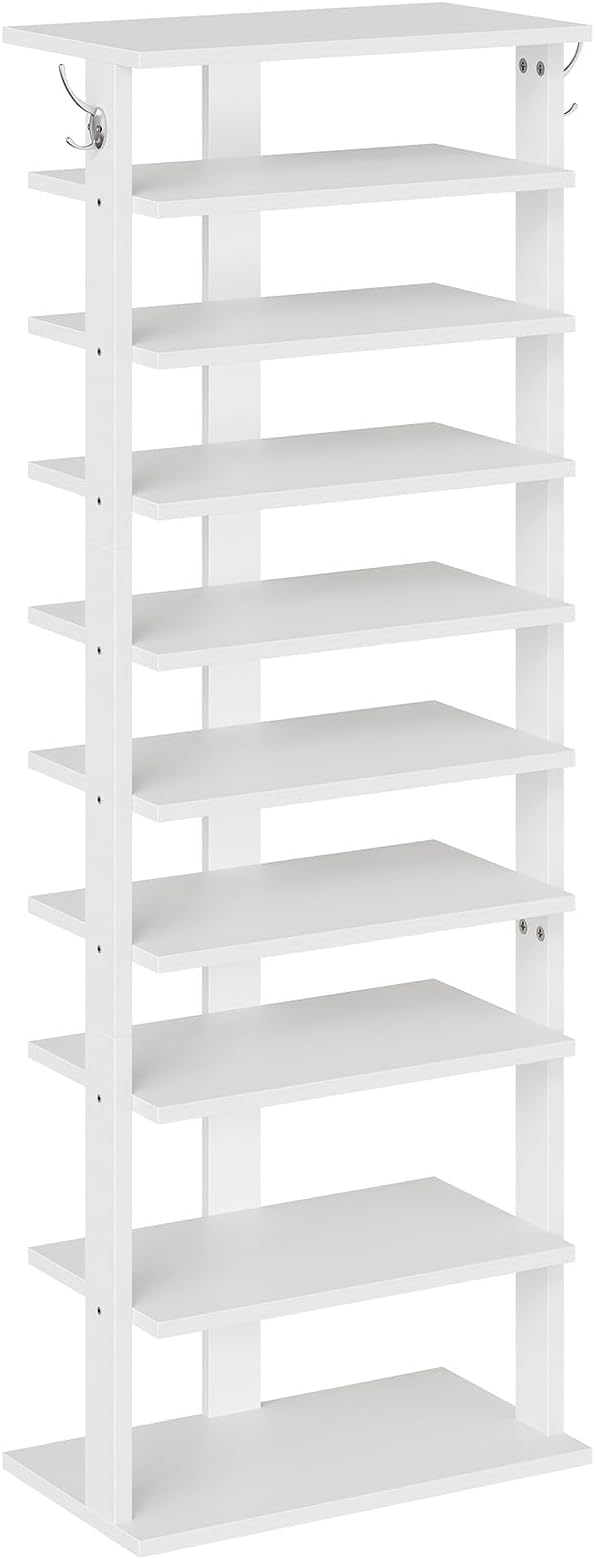 HOOBRO 10 Tiers Vertical Shoe Rack, Wooden Shoe Storage Organizer with Hooks, Narrow Shoe Tower for 20 Pairs, Space Saving, f