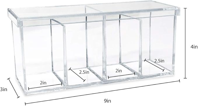 Isaac Jacobs 2-Pack 4-Compartment Clear Acrylic Organizers with Lid (9” L x 3” W x 4” H), Makeup Brush Holder, Sectional Tray