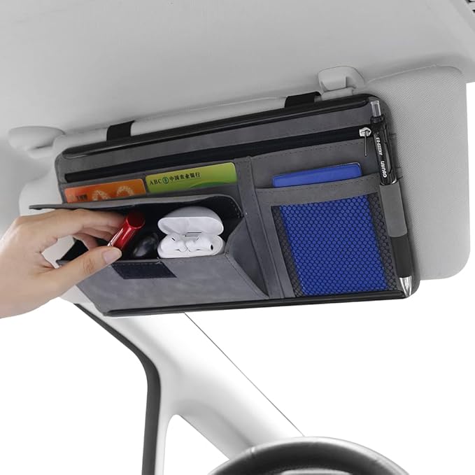 Car Sun Visor Organizer Auto Interior Accessories Storage Pocket Organizer with Multi-Pocket Net Zipper Pouch Sunglass Holder for Car Truck SUV Case Bag for Card License Registration