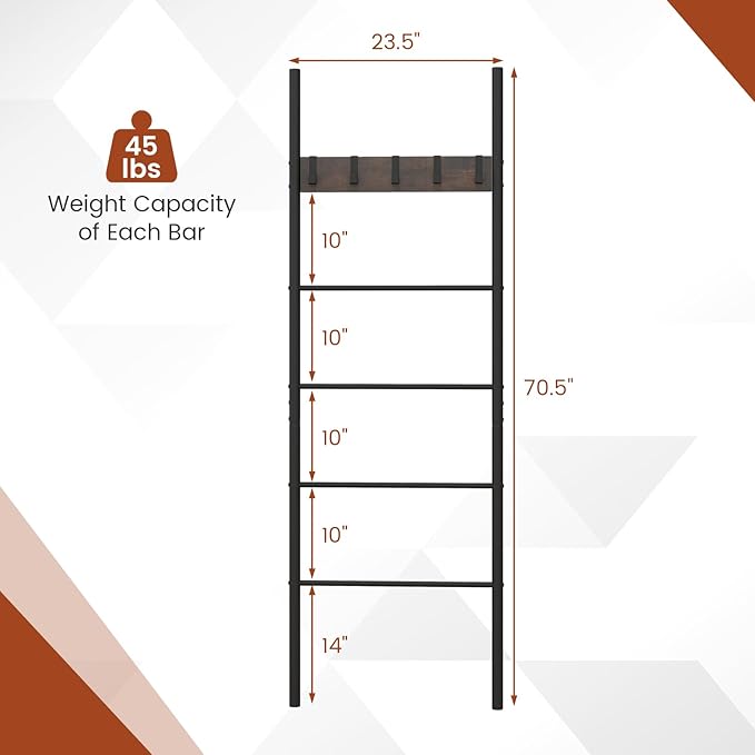 S AFSTAR Wall Leaning Blanket Ladder, 5-Tier Ladder Shelf with 5 Removable Hooks, Industrial Blanket Holder Rack, Drying and 