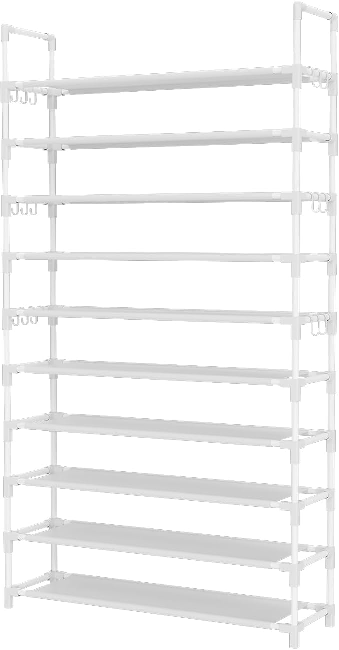 LANTEFUL Tall Shoe Rack 10 Tier Shoe Organizer Large Shoe Shelf with 18 Hooks Storage for 50 Pair Sneaker and Boot, Stackable