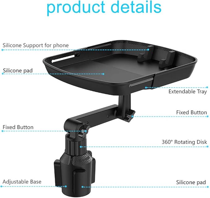 Cup Holder Tray Table, 360º Adjustable Car Drink Holders Tray, Stretchable Car Food Tray Coffee Table Stand with Phone Holder