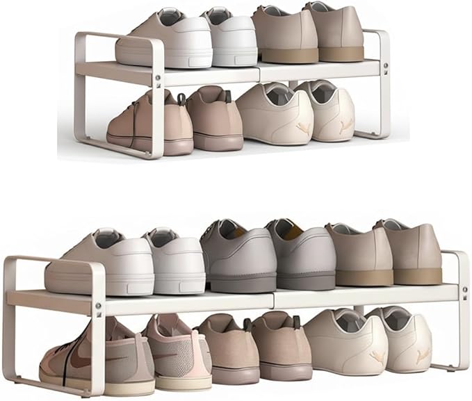 Expandable 1-Tier Metal Shoe Rack (H:7"), Adjustable Width 14.9"–23.6", Heavy-Duty Free-Standing Shoe Shelf for Closet, Entry