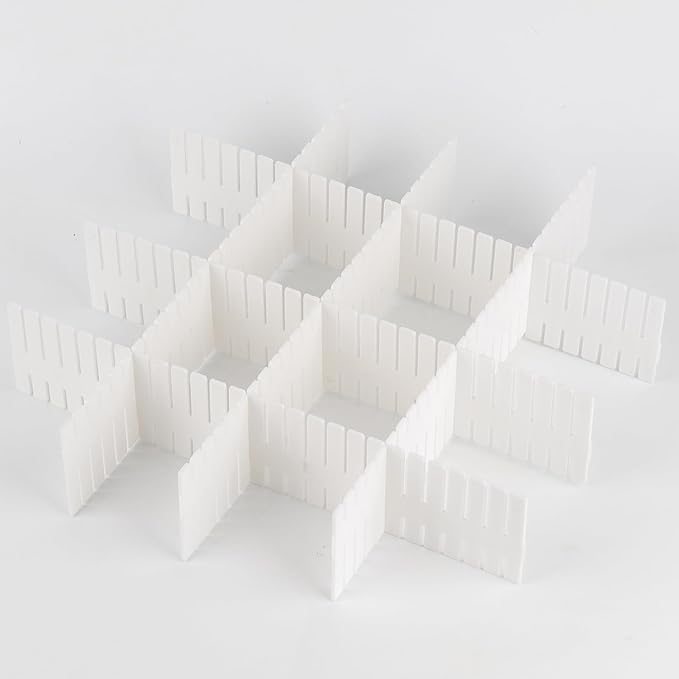 JOIKIT 64 Pack White Plastic DIY Grid Drawer Dividers, Adjustable Drawer Divider Organizer, Household Storage Makeup Socks Un