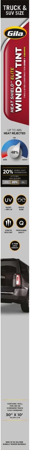 Gila®Heat Shield Elite™ Truck & SUV 20% VLT Automotive Ceramic Window Tint DIY Advanced Heat Control Glare Control 2.5ft x 10ft (30in x 120in)