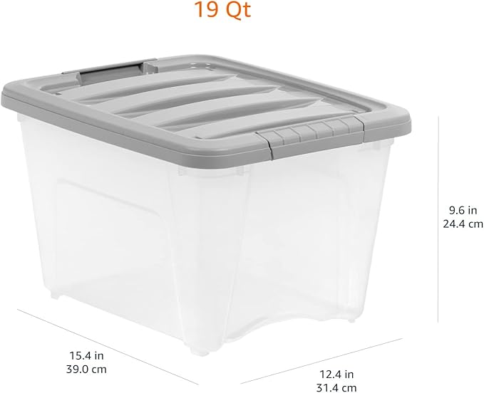 Amazon Basics Plastic Storage Containers with Secure Latching Lids, Stackable Organization Bins, Clear/Grey, 19 Quart, Set of