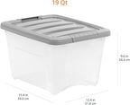 Amazon Basics Plastic Storage Containers with Secure Latching Lids, Stackable Organization Bins, Clear/Grey, 19 Quart, Set of
