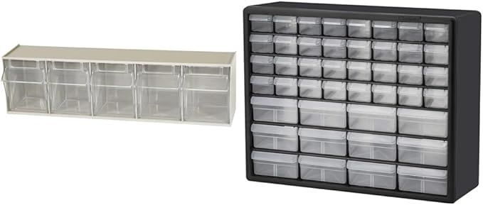 Akro-Mils 06705 TiltView Horizontal Plastic Organizer Storage System Cabinet with 5 Tilt Out Bins & 10144, 44 Drawer Plastic 