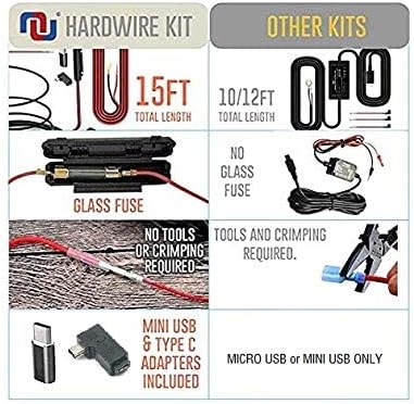 15ft Micro USB & Mini USB Dash Cam & Type-C Hardwire Kit w. Mini(ACS)/LP Mini(ACN)/ATO(ATC or ACU)/Micro2(ACZ) Fuse, Micro to Mini/USB-C Port Adapters & Battery Drain Protection