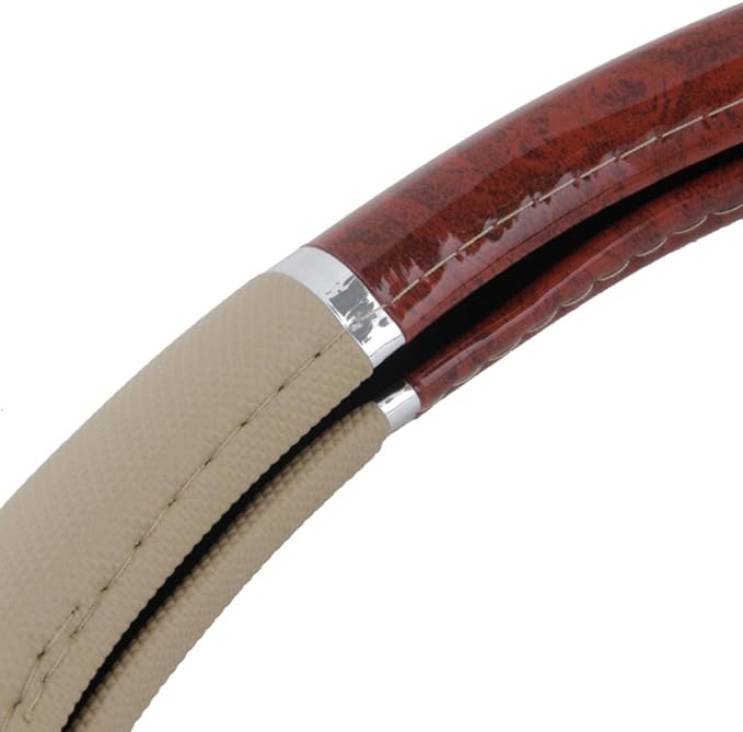 BDK Dark Wood Grain Car Steering Wheel Cover, Standard 15 inch with Beige Faux Leather Grip, Made to Fit Most Auto Truck Van 