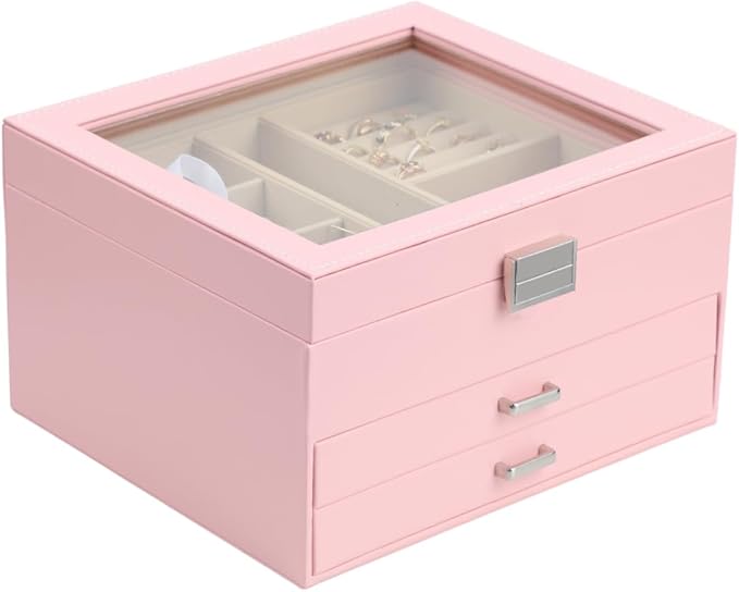 BOOVO Clear Lid Jewelry Box,3 Layers Jewelry Organizer Large Multi-Functional Jewelry Storage Box with 2 Drawers,Jewelry Disp