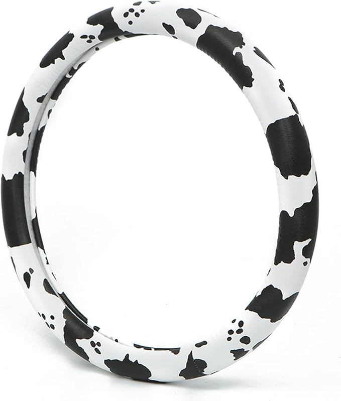 Dotesy Leather Cow Pattern Steering Wheel Cover Protector Cow Print Car Accessories Anti Slip Universal for 36.5-38cm (Black 